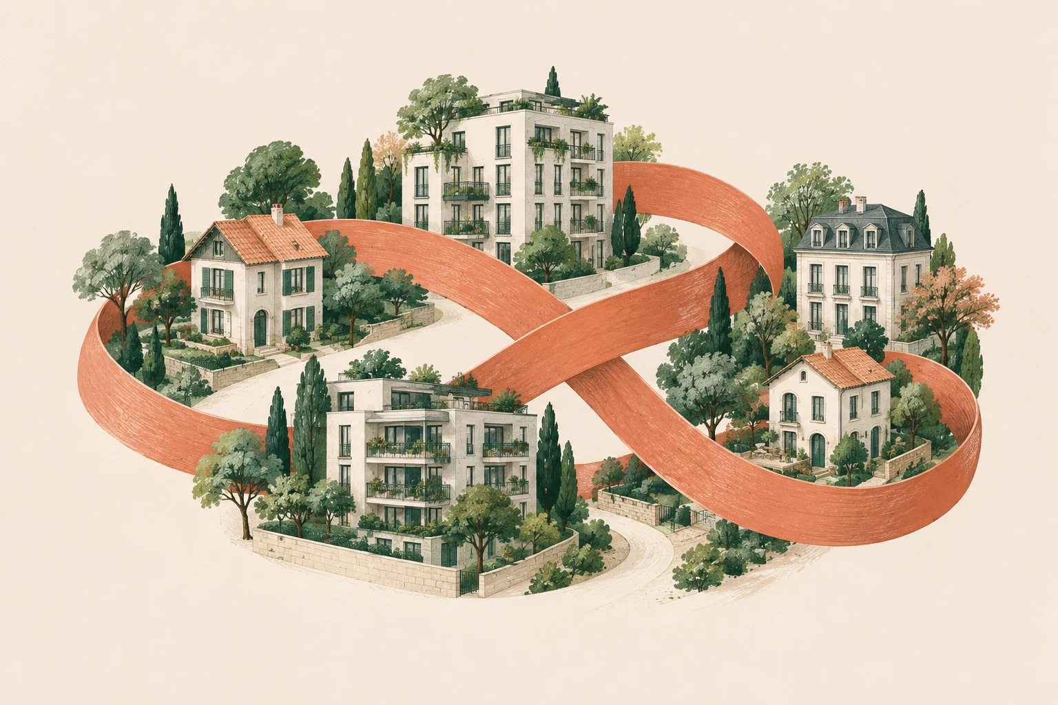 Rysowana ilustracja domów i zieleni połączonych koralową wstęgą — symbol współpracy